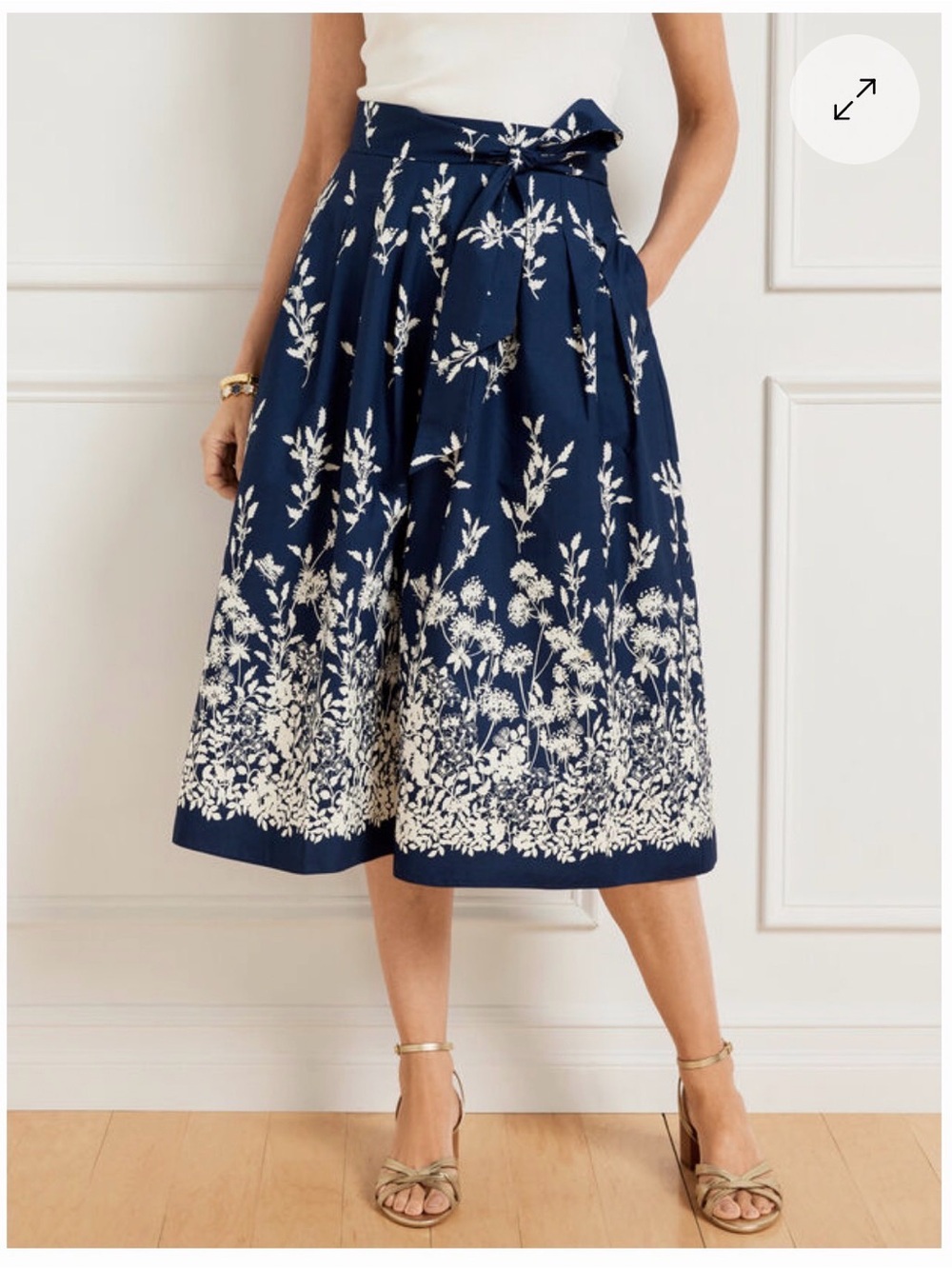 Talbots The Piper Patio Skirt Navy Floral Midi Skirt with Tie Waist 100% Cotton - Picture 6 of 16